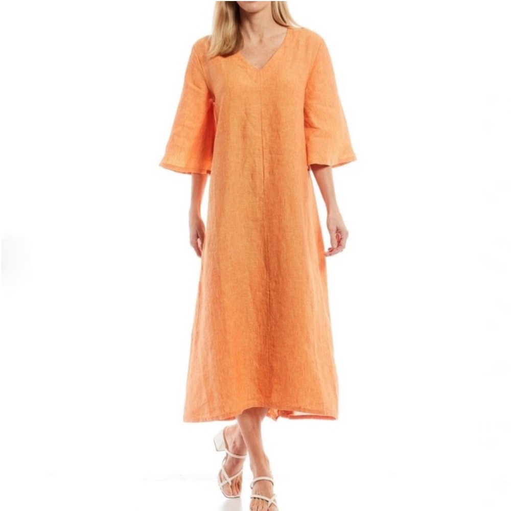 Like-new Bryn Walker 100% Linen Dress w V-Neck Bell Sleeve Orange